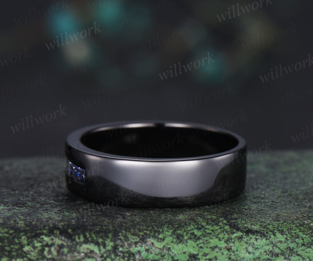 Baguette cut blue sandstone wedding band three stone men wedding ring unique black gold ring wedding anniversary gifts for him