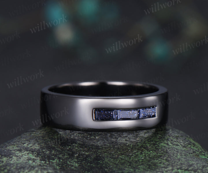Baguette cut blue sandstone wedding band three stone men wedding ring unique black gold ring wedding anniversary gifts for him