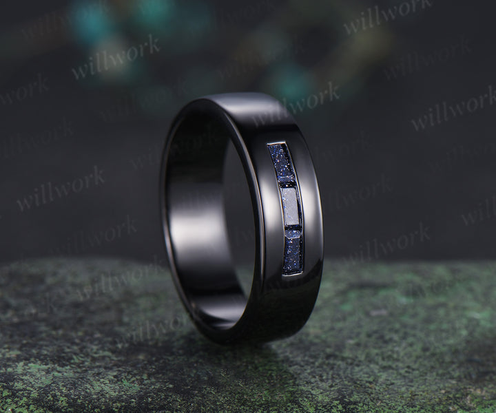 Baguette cut blue sandstone wedding band three stone men wedding ring unique black gold ring wedding anniversary gifts for him