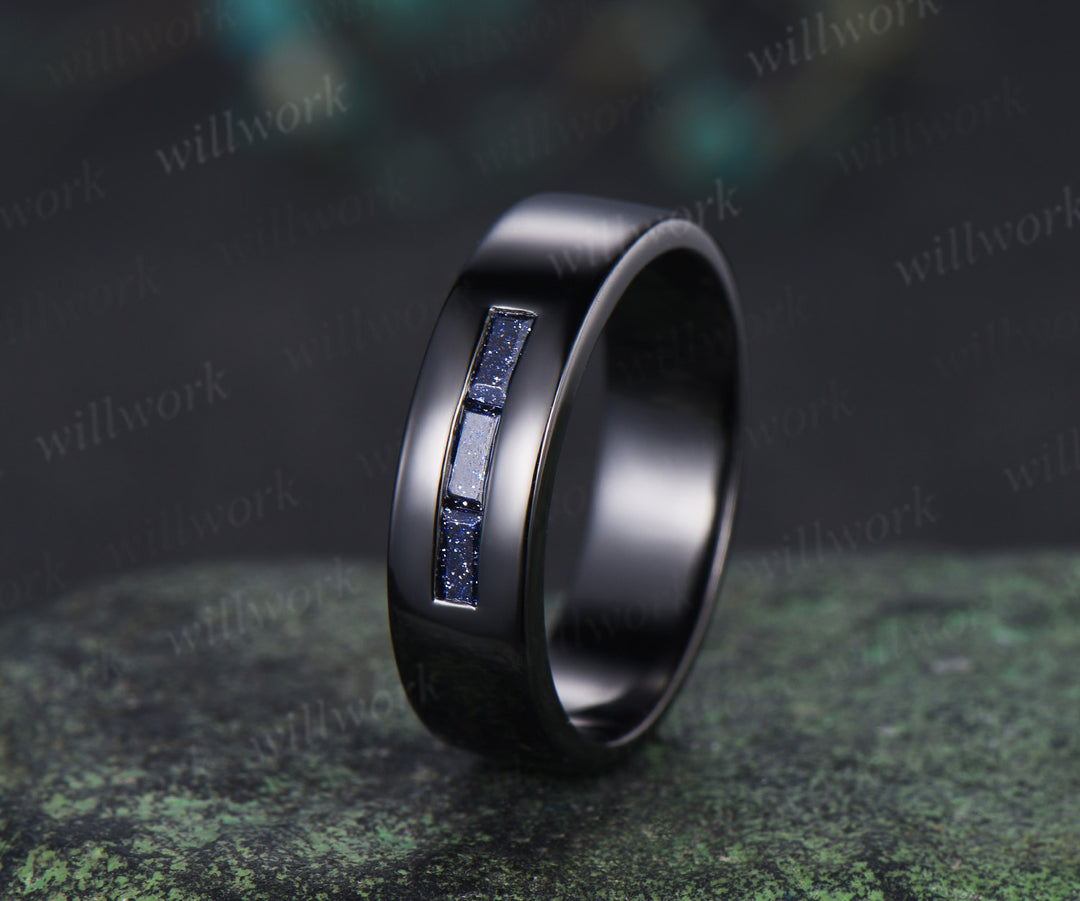 Baguette cut blue sandstone wedding band three stone men wedding ring unique black gold ring wedding anniversary gifts for him