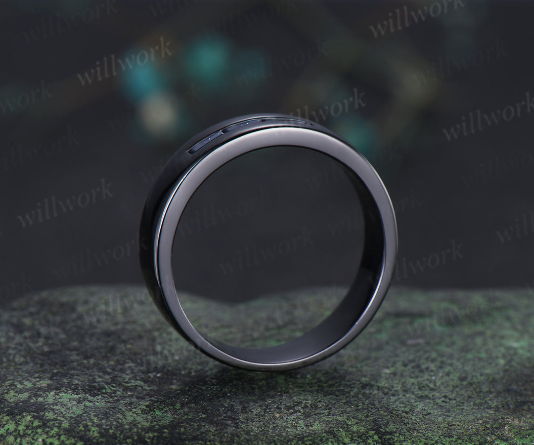 Baguette cut blue sandstone wedding band three stone men wedding ring unique black gold ring wedding anniversary gifts for him