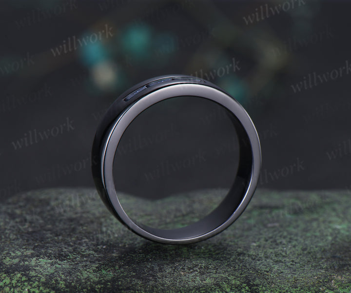 Baguette cut blue sandstone wedding band three stone men wedding ring unique black gold ring wedding anniversary gifts for him