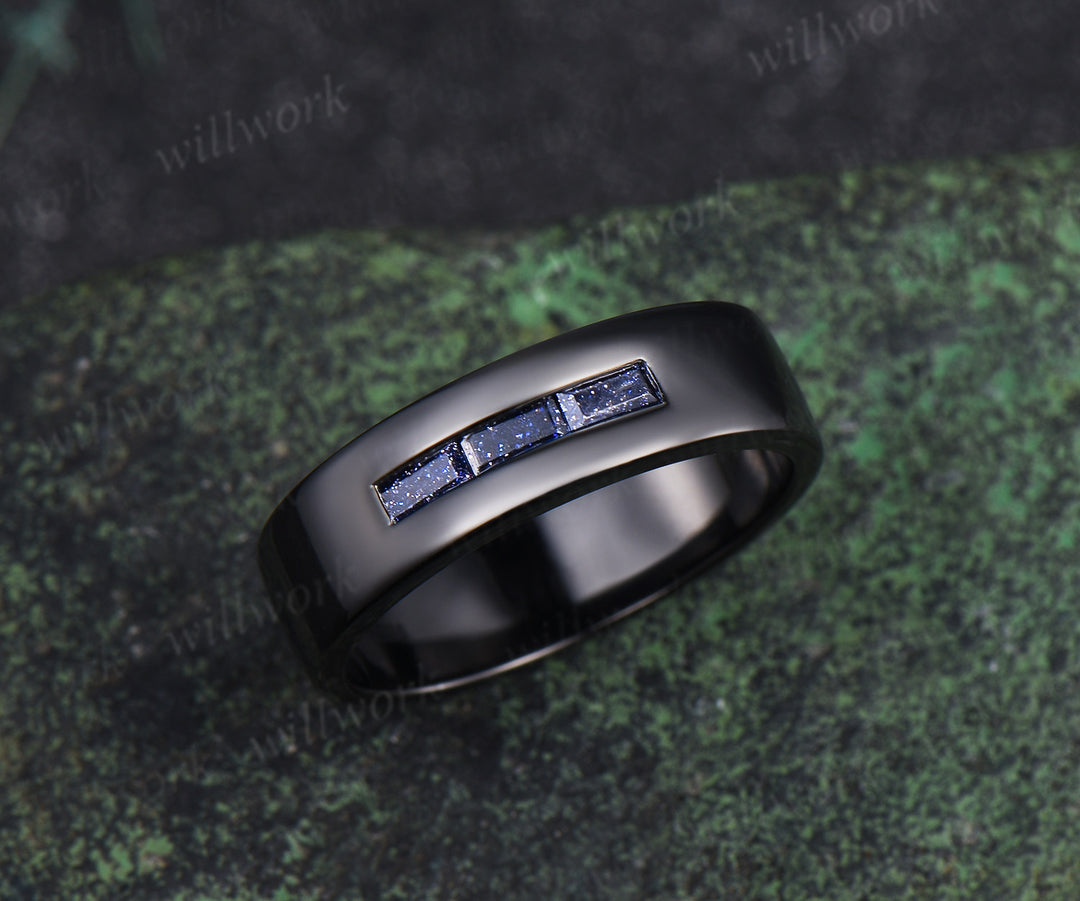 Baguette cut blue sandstone wedding band three stone men wedding ring unique black gold ring wedding anniversary gifts for him