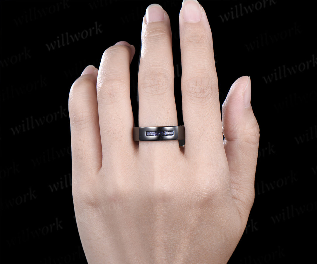 Baguette cut blue sandstone wedding band three stone men wedding ring unique black gold ring wedding anniversary gifts for him