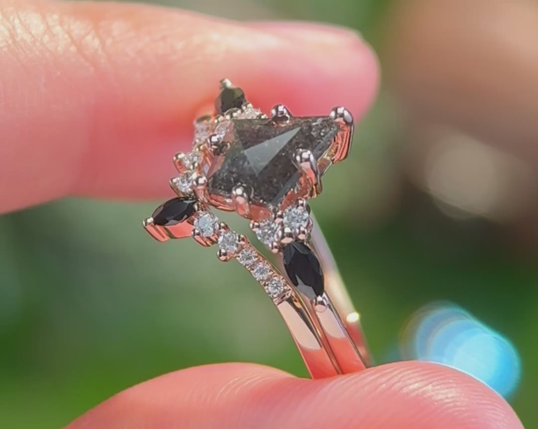 Rose Cut Natural Genuine Kite Salt and Pepper Diamond Engagement Ring Set Black Diamond Bridal Wedding Ring Set for Women