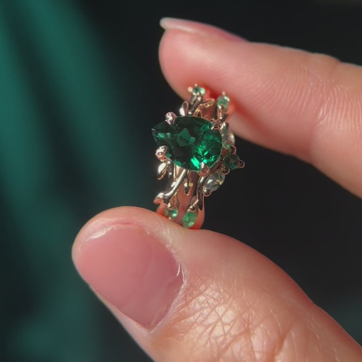 Black Gold Pear Emerald Engagement Ring Set Twig Vine Wedding Ring Gothic Promise Rings