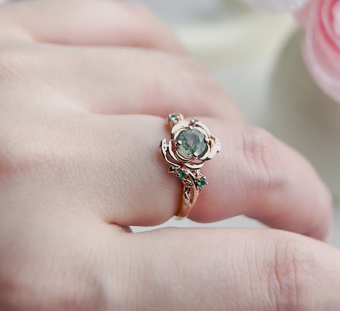 Unique Round Cut Ring Vine Wrapped Moss Agate Ring 14k White Gold Engagement Ring Floral ring Anniversary Gift Ring