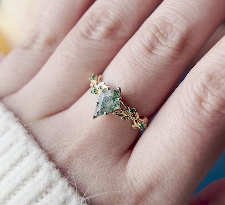 Twig moss agate ring vintage kite cut moss agate engagement ring