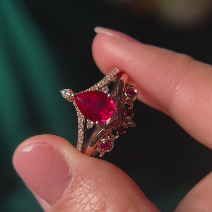 Pear red ruby ring vintage half eternity cluster rose gold engagement ring set moon bezel anniversary gift women