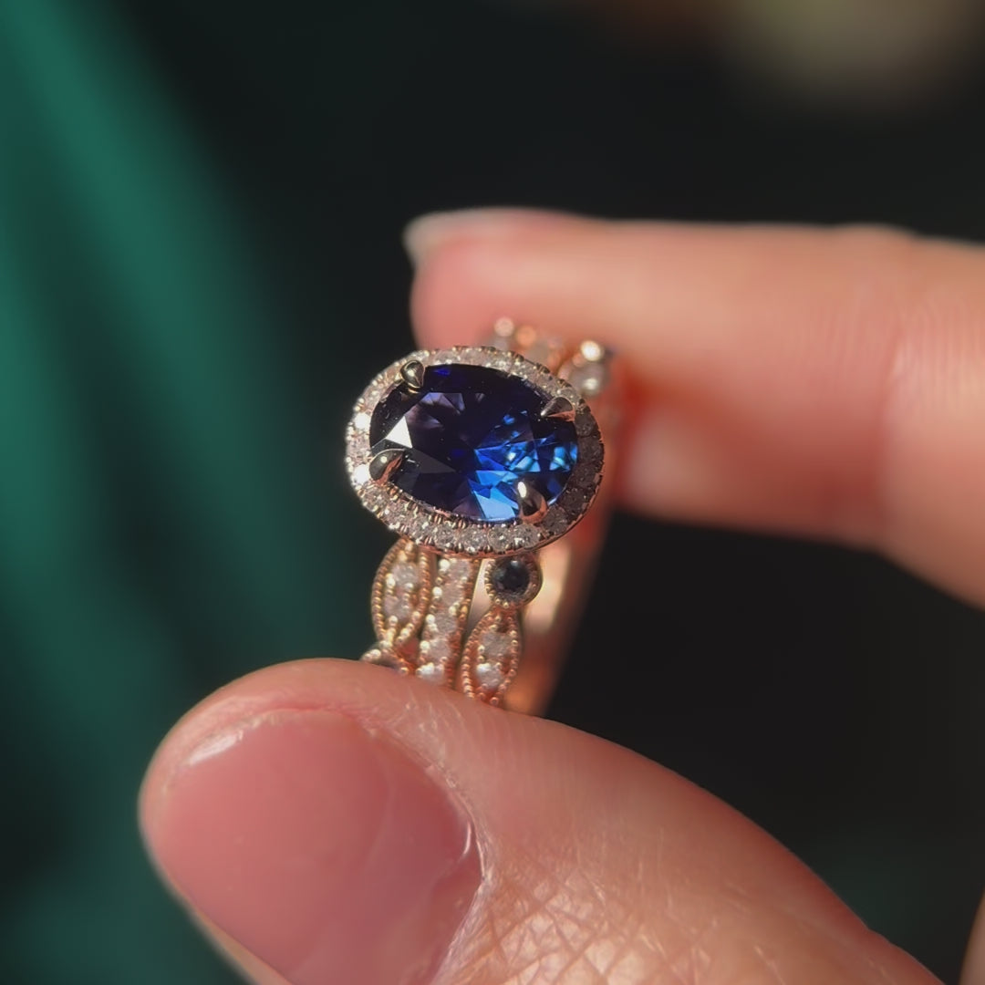 3pcs blue sapphire ring vintage sapphire engagement ring set rose gold for women diamond halo natural sapphire wedding band bridal ring set