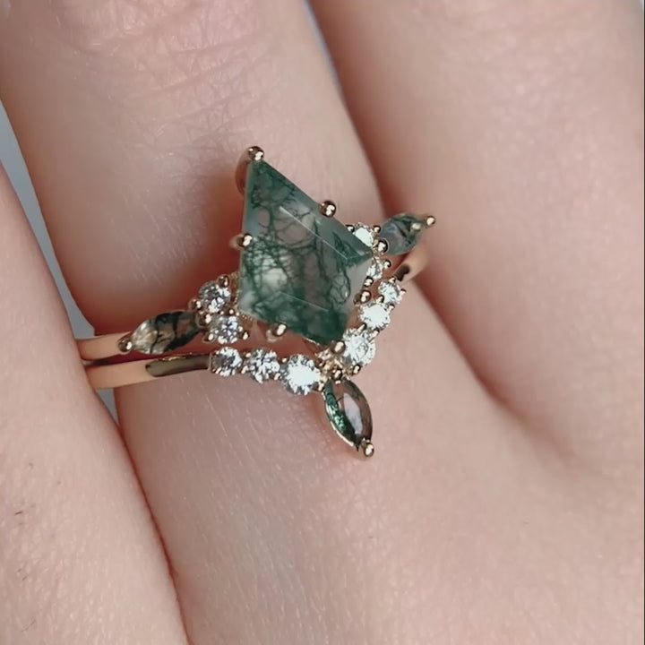 1.5ct Unique kite cut moss agate engagement ring set marquise cut moss agate ring vintage rose gold 6 prong diamond wedding ring set women