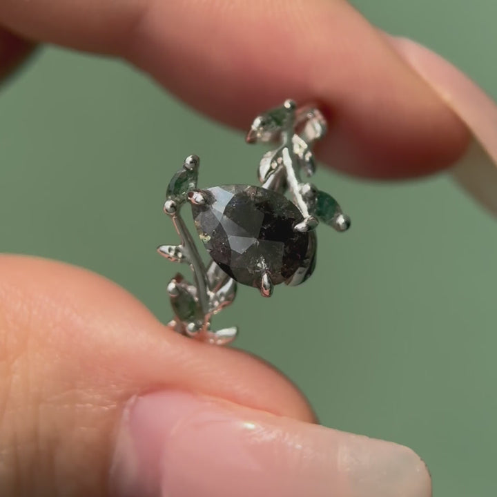 Pear salt and pepper diamond engagement ring set moss agate diamond ring vintage solid 14k white gold leaf nature inspired ring women