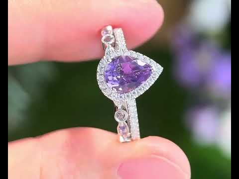 Amethyst engagement ring solid 14k White rose gold pear cut engagement ring amethyst wedding ring 2pc bridal set birthstone anniversary gift