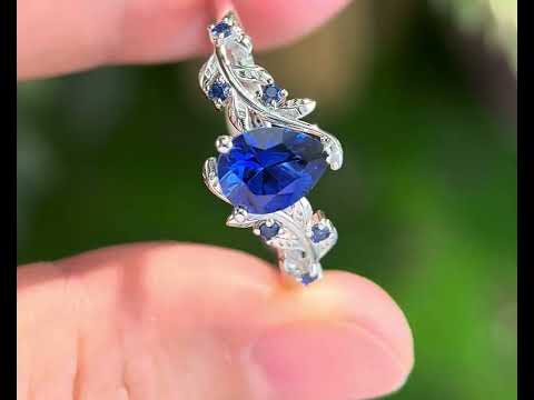 Vintage pear cut sapphire engagement ring nature inspired twig leaf 7 stone September birthstone wedding bridal ring women gift