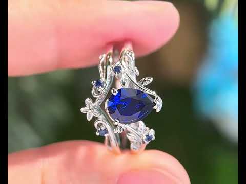 Pear cut sapphire engagement ring set vintage leaf nature inspired bridal set 14k white gold anniversary gift