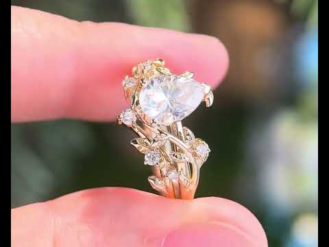 Vintage oval cut moissanite engagement ring 14k rose gold leaf nature inspired ring women unique cluster diamond bridal wedding ring set