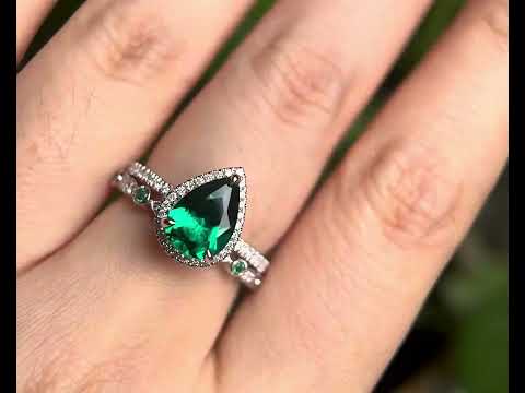 2pcs emerald bridal set unique vintage engagement ring pear emerald engagement ring set rose gold natural emerald wedding ring band jewelry