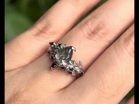 Antique Natural Black Rutilated Quartz Pear Engagement Ring Leaf Nature Inspired Black Spinel Diamond Ring Women Art Deco Black Promise Ring