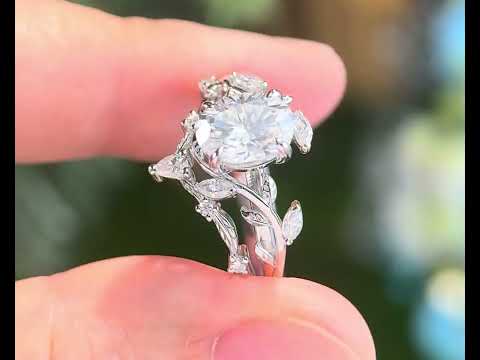 Vintage oval cut moissanite engagement ring 14k rose gold leaf nature inspired ring women unique cluster diamond bridal wedding ring set