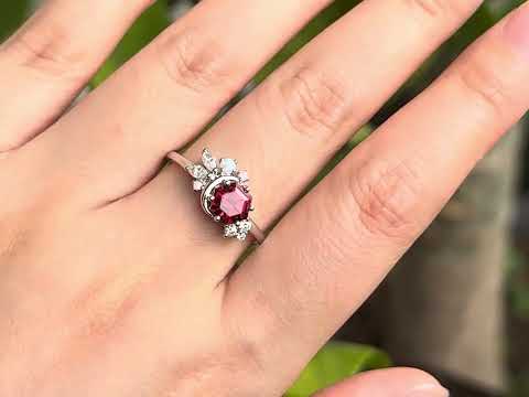 Hexagon cut red garnet engagement ring solid 14k yellow gold moon opal ring vintage cluster diamond promise wedding anniversary ring women