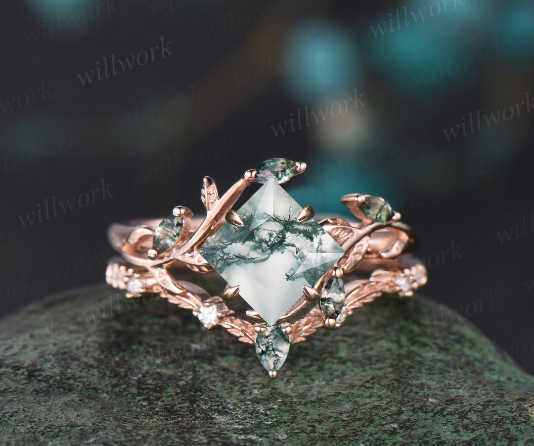 Vintage oval cut green moss agate engagement ring rose gold art deco cluster leaf nature inspired bridal promise wedding ring set women