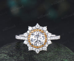 1ct round cut moissanite ring double halo citrine unique Engagement Ring 18k white gold promise ring women
