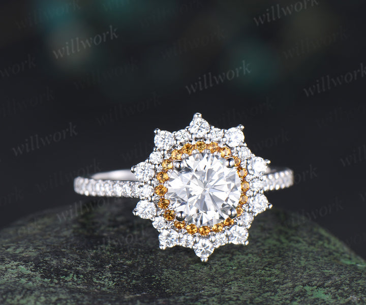 1ct round cut moissanite ring double halo citrine unique Engagement Ring 18k white gold promise ring women