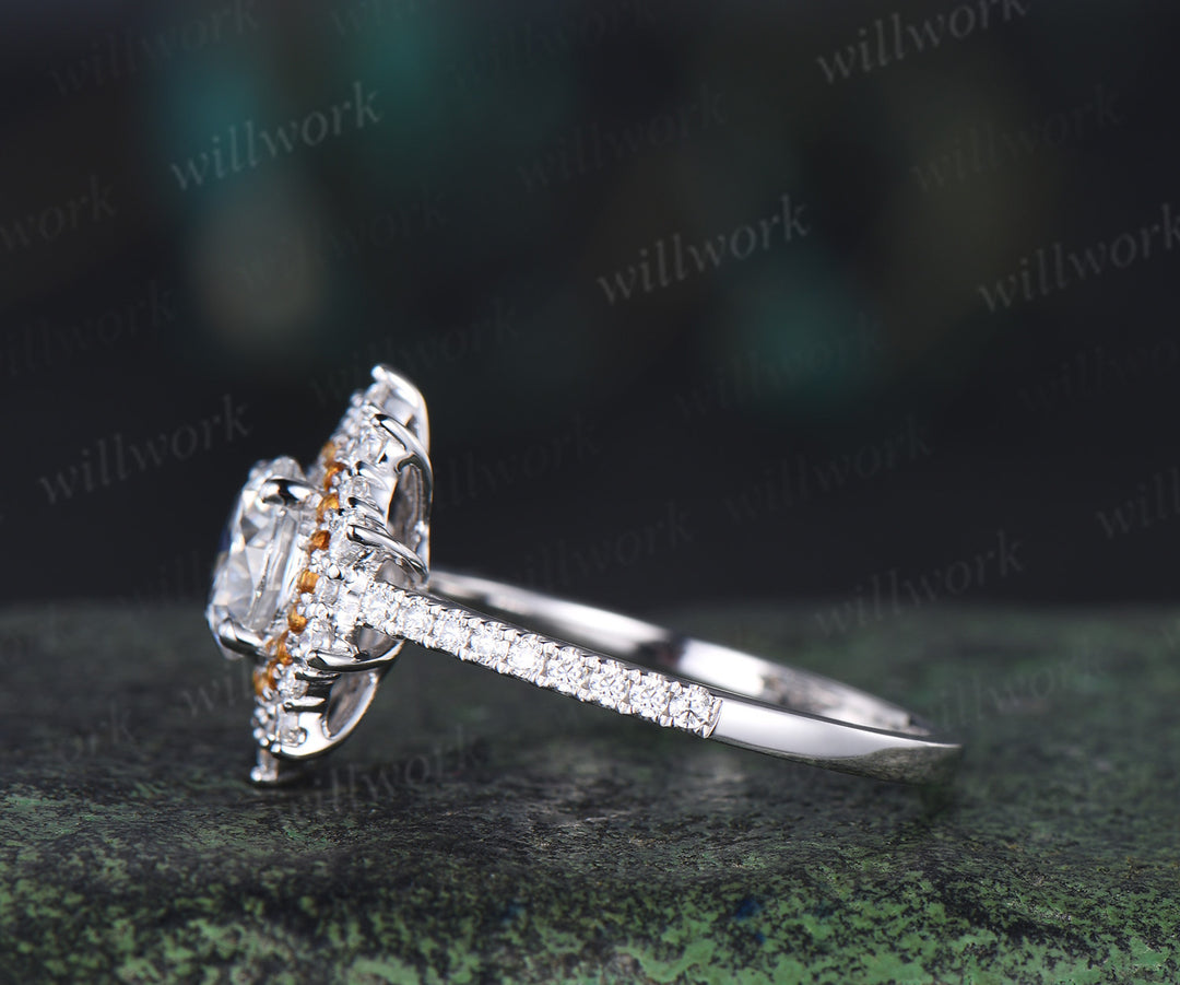 1ct round cut moissanite ring double halo citrine unique Engagement Ring 18k white gold promise ring women