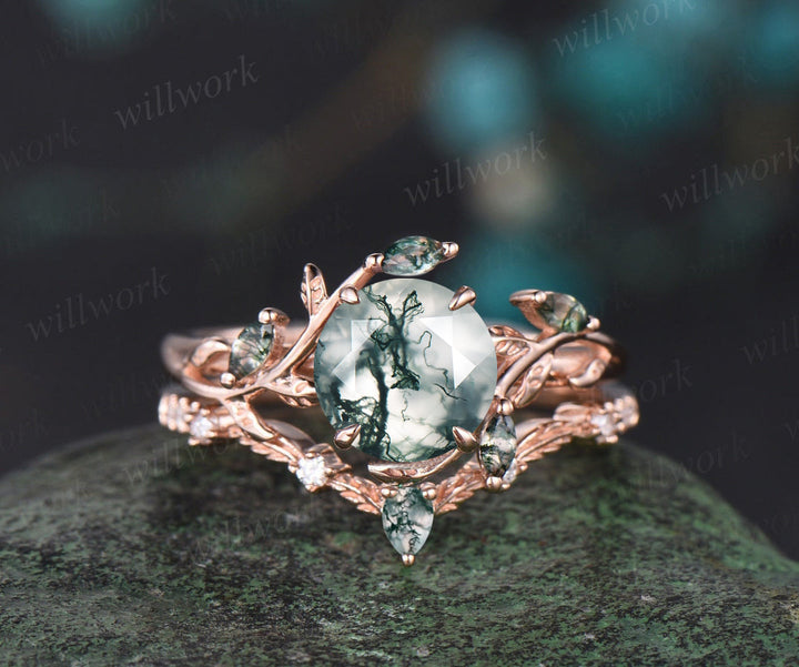 Vintage oval cut green moss agate engagement ring rose gold art deco cluster leaf nature inspired bridal promise wedding ring set women