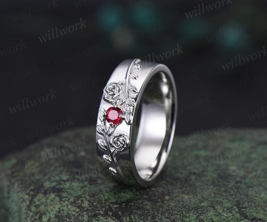 Round red ruby wedding band mens solid 14k white gold leaf floral wedding ring unique anniversary ring gift nature inspired Engagement Ring