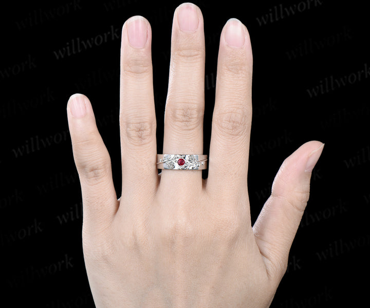 Round red ruby wedding band mens solid 14k white gold leaf floral wedding ring unique anniversary ring gift nature inspired Engagement Ring