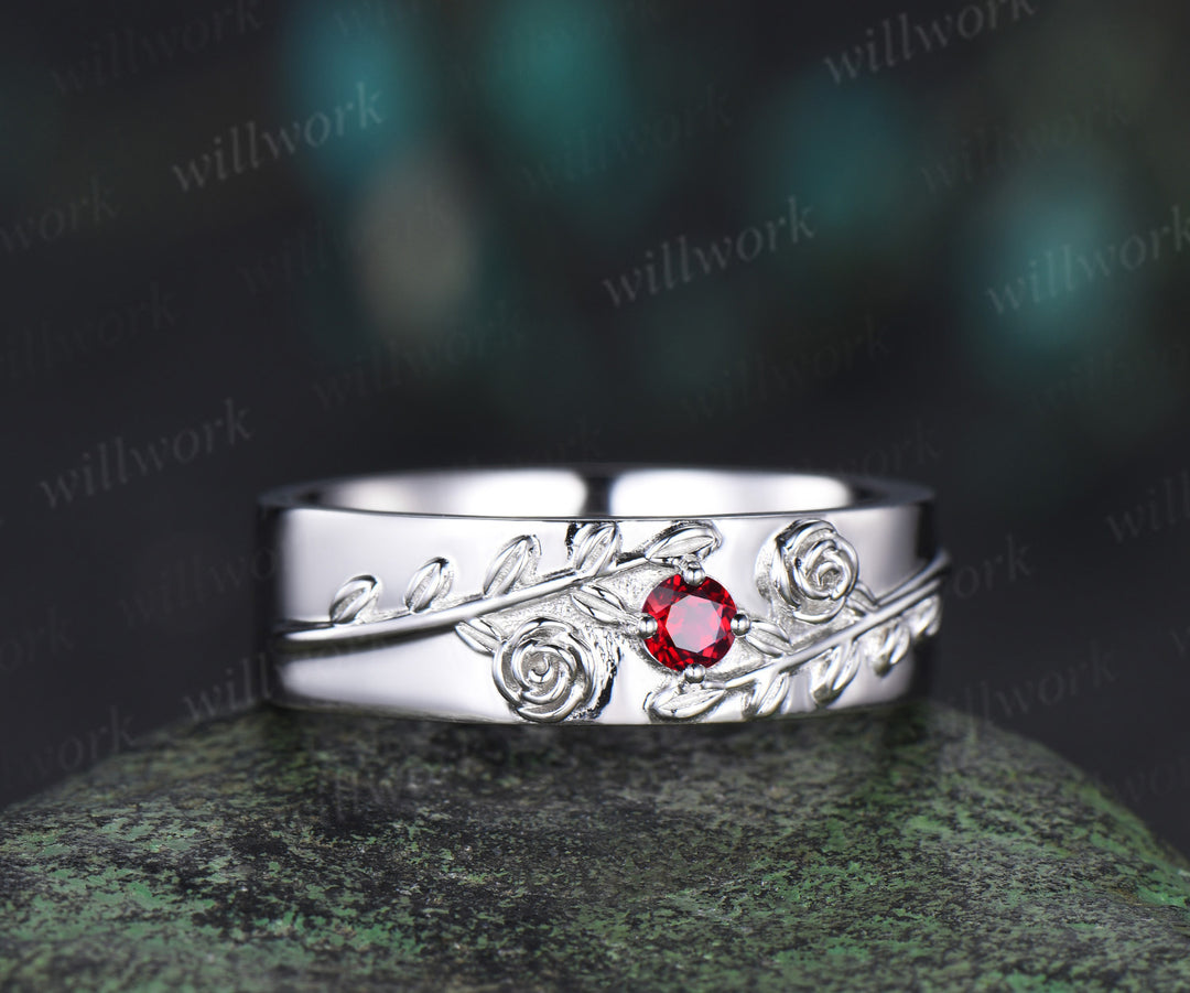 Round red ruby wedding band mens solid 14k white gold leaf floral wedding ring unique anniversary ring gift nature inspired Engagement Ring