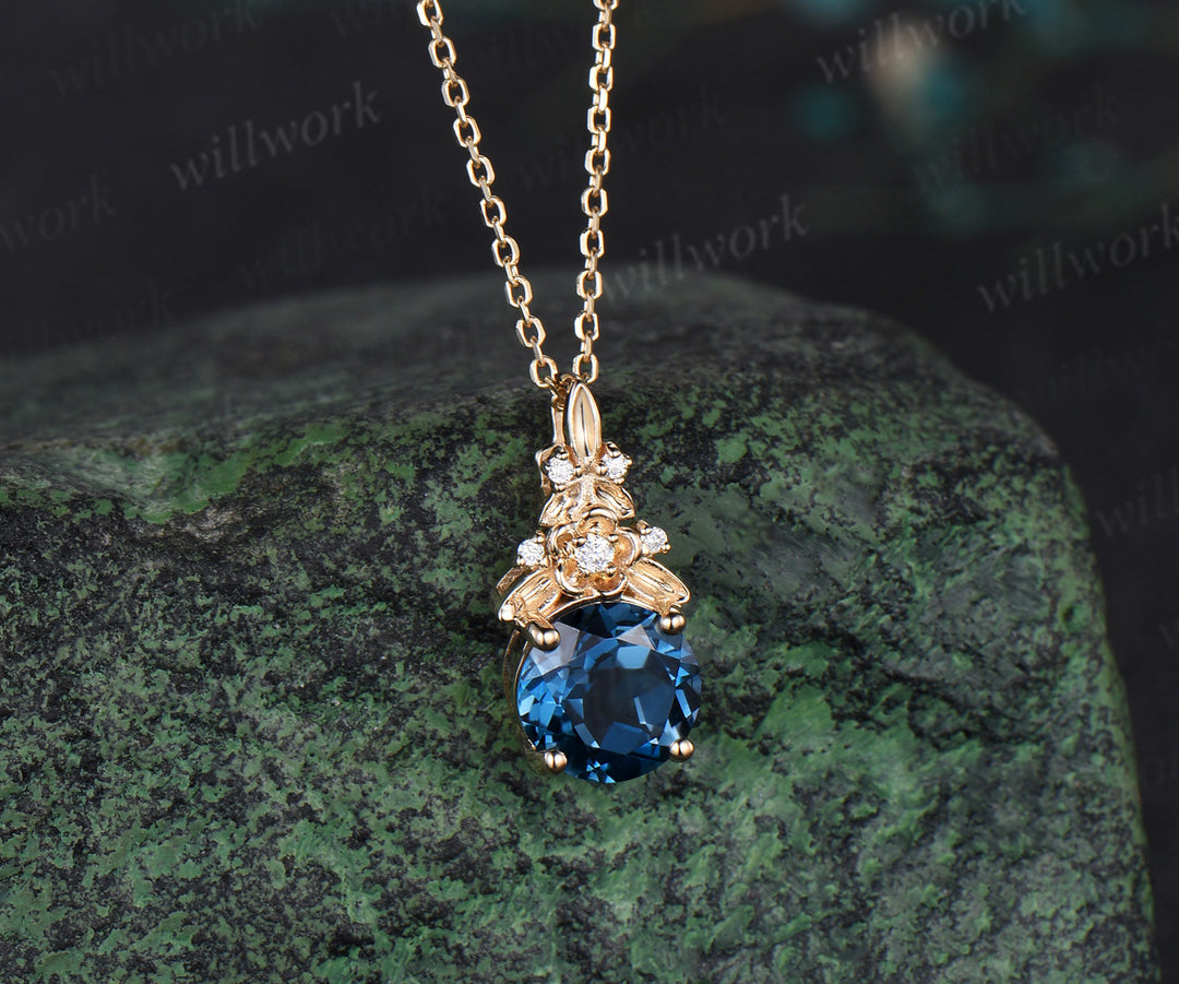 Vintage round cut London blue topaz necklace 14k yellow gold Floral leaf diamond pendant women anniversary gift jewelry