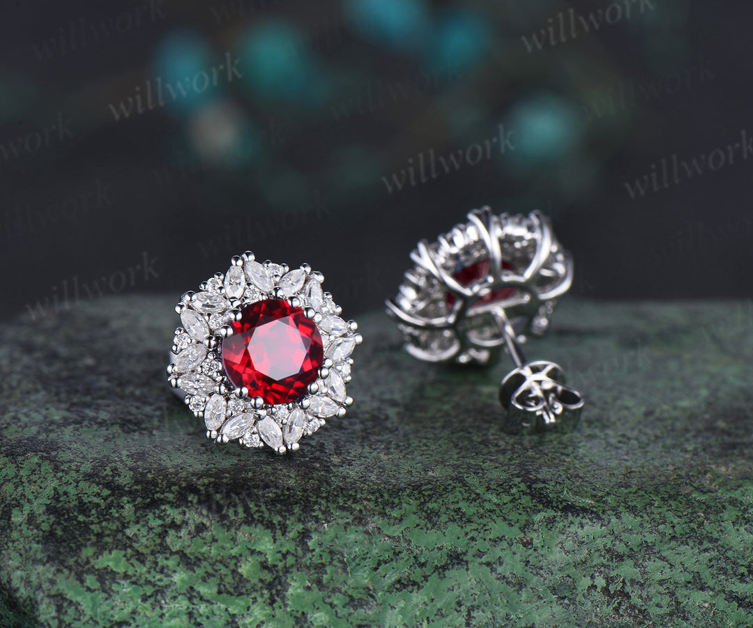 Vintage round cut red ruby Earrings women solid 14k white gold 8 prong double halo marquise moissanite Stud Earrings Anniversary Gift