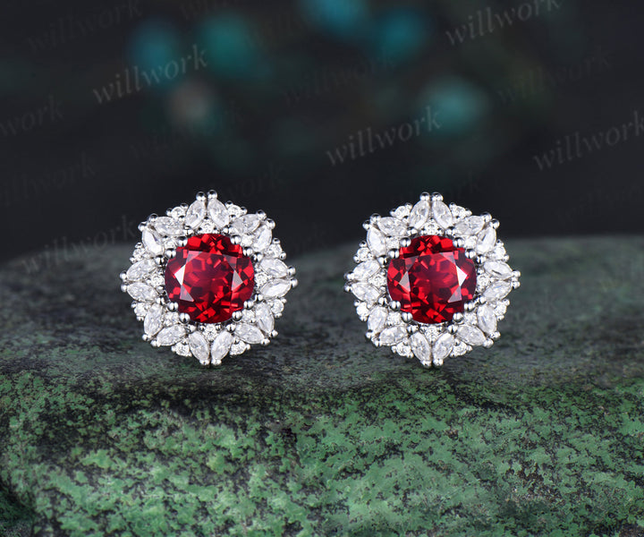 Vintage round cut red ruby Earrings women solid 14k white gold 8 prong double halo marquise moissanite Stud Earrings Anniversary Gift