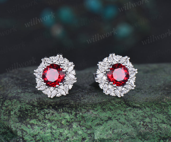 Vintage round cut red ruby Earrings women solid 14k white gold 8 prong double halo marquise moissanite Stud Earrings Anniversary Gift