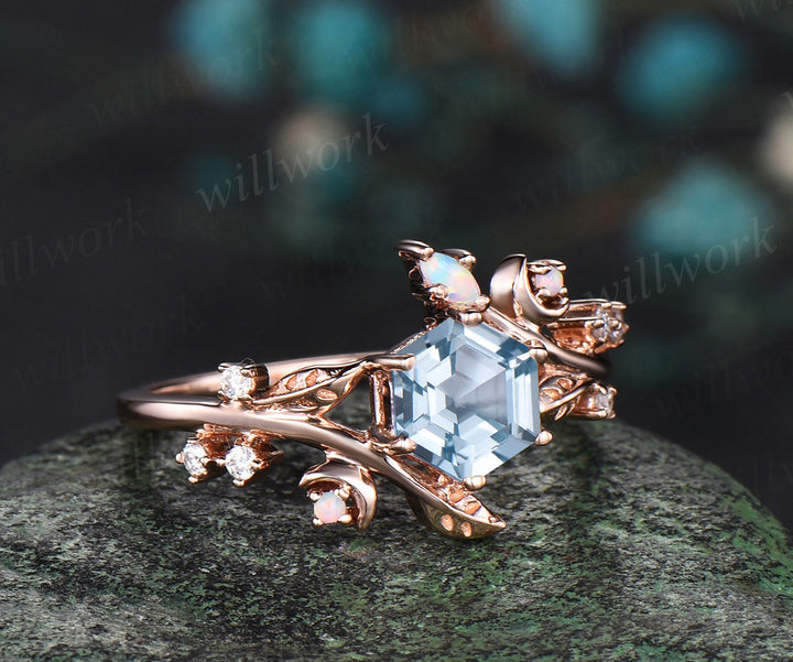 Hexagon cut aquamarine engagement ring rose gold leaf moon diamond ring vintage March birthstone anniversary ring women