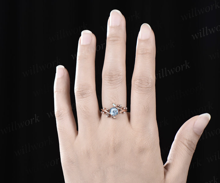 Hexagon cut aquamarine engagement ring rose gold leaf moon diamond ring vintage March birthstone anniversary ring women