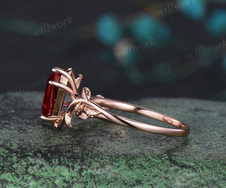 Shield shaped red garnet Engagement Ring rose gold nature inspired leaf Solitaire wedding anniversary ring gift