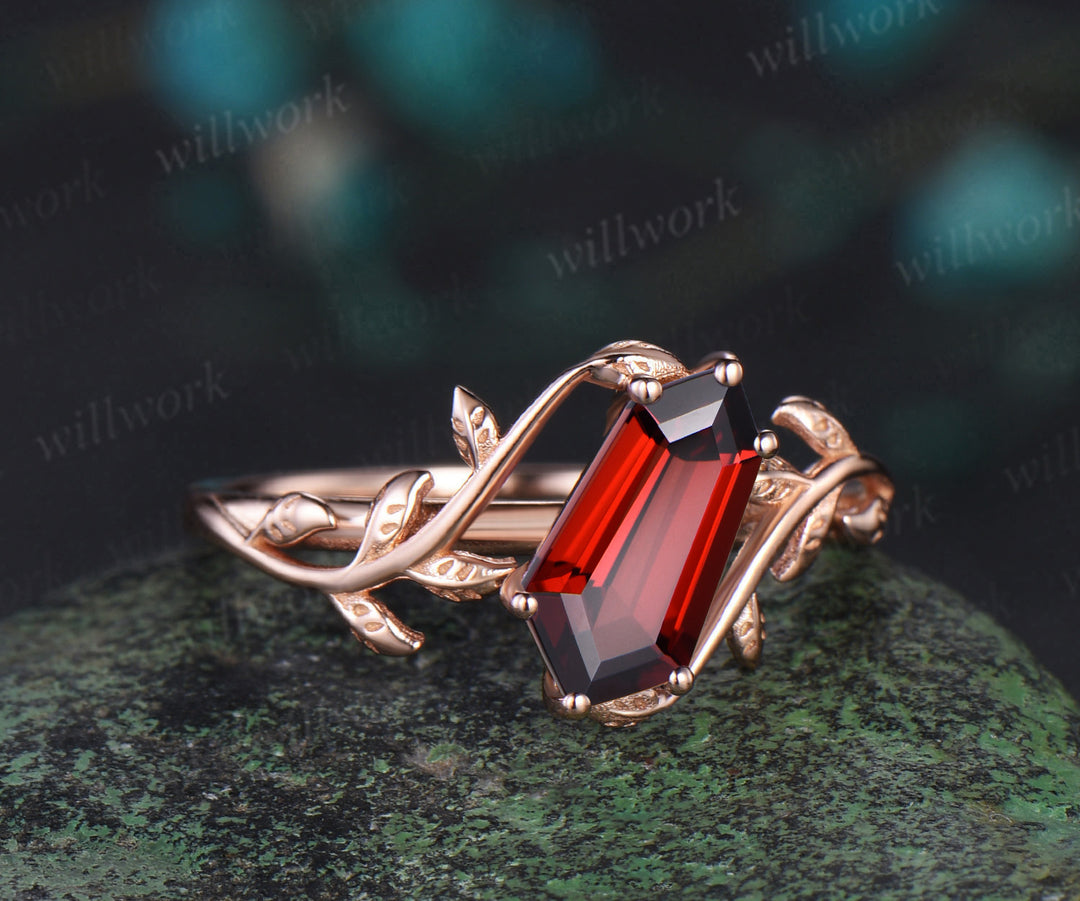 Shield shaped red garnet Engagement Ring rose gold nature inspired leaf Solitaire wedding anniversary ring gift