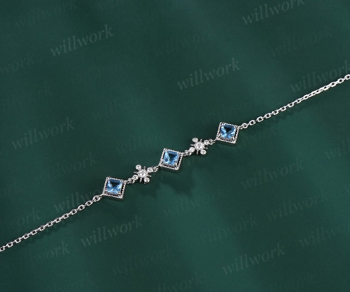 Milgrain Princess Cut Swiss blue topaz Bracelet Vintage 14k white Gold Five Stone Bracelet December Birthstone Bridal Bracelet