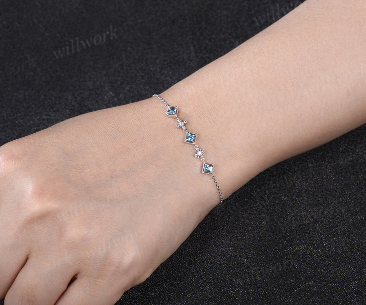 Milgrain Princess Cut Swiss blue topaz Bracelet Vintage 14k white Gold Five Stone Bracelet December Birthstone Bridal Bracelet