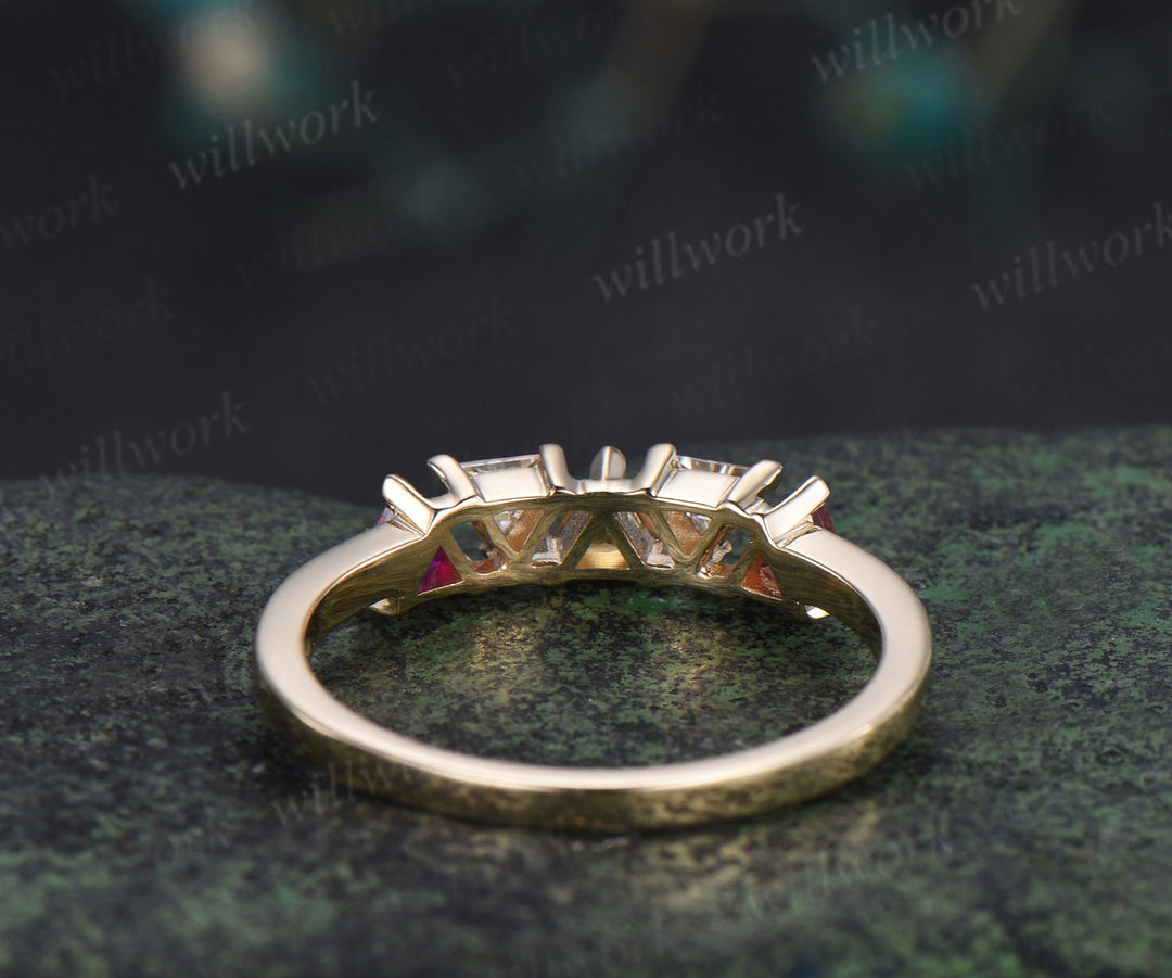 Trilliant cut garnet citrine ruby moissanite ring solid 14k yellow gold five stone wedding band Multi-Stone Rings anniversary gift
