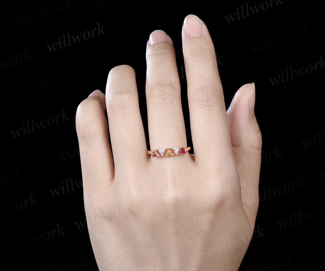 Trilliant cut garnet citrine ruby moissanite ring solid 14k yellow gold five stone wedding band Multi-Stone Rings anniversary gift