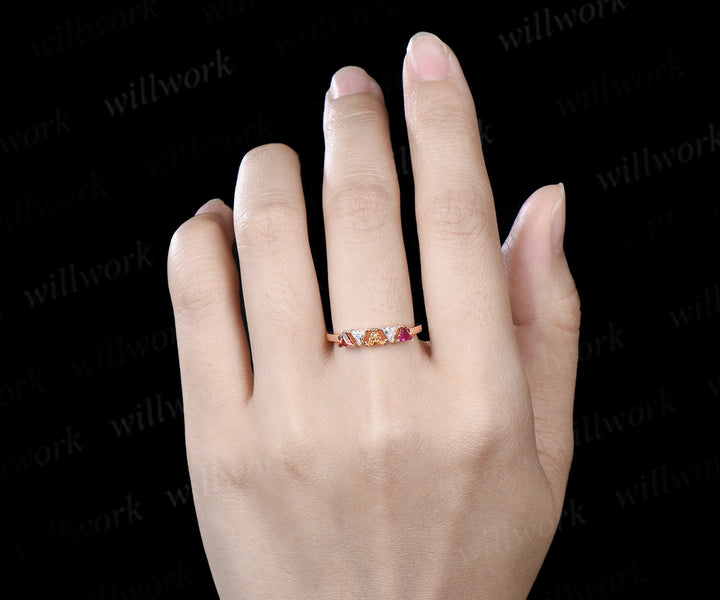Trilliant cut garnet citrine ruby moissanite ring solid 14k yellow gold five stone wedding band Multi-Stone Rings anniversary gift