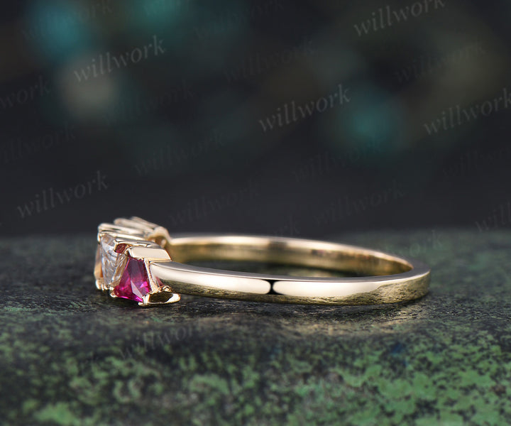 Trilliant cut garnet citrine ruby moissanite ring solid 14k yellow gold five stone wedding band Multi-Stone Rings anniversary gift
