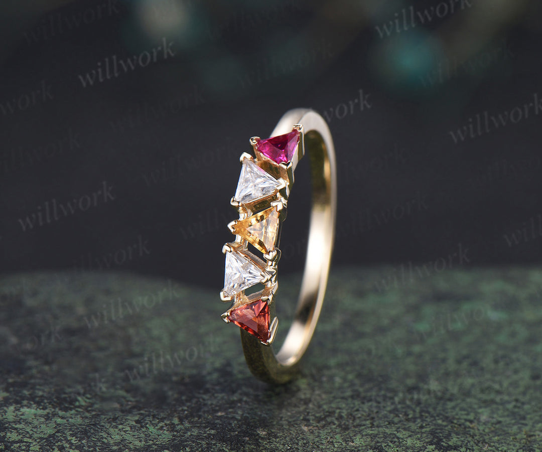 Trilliant cut garnet citrine ruby moissanite ring solid 14k yellow gold five stone wedding band Multi-Stone Rings anniversary gift