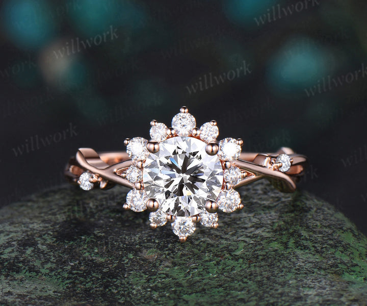 1ct round cut Lab grown diamond engagement ring solid 14k 18k rose gold halo branch vine twisted promise wedding ring women jewelry