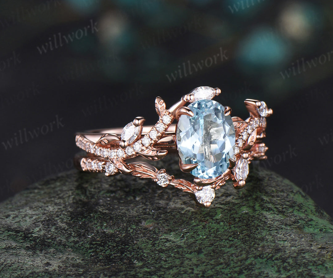 Vintage Oval aquamarine opal engagement ring rose gold art deco leaf nature inspired half eternity diamond anniversary ring women gift