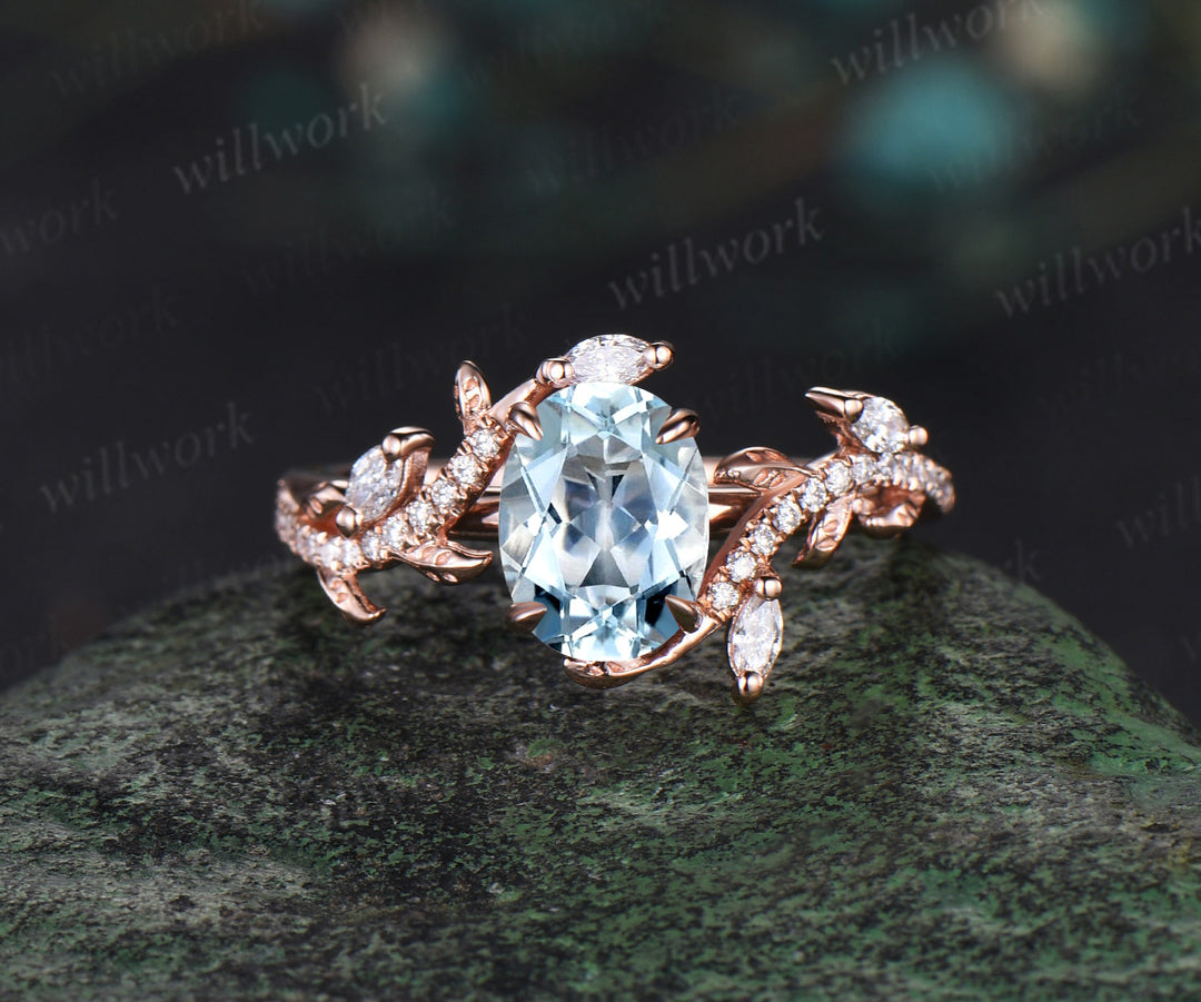 Vintage Oval aquamarine opal engagement ring rose gold art deco leaf nature inspired half eternity diamond anniversary ring women gift